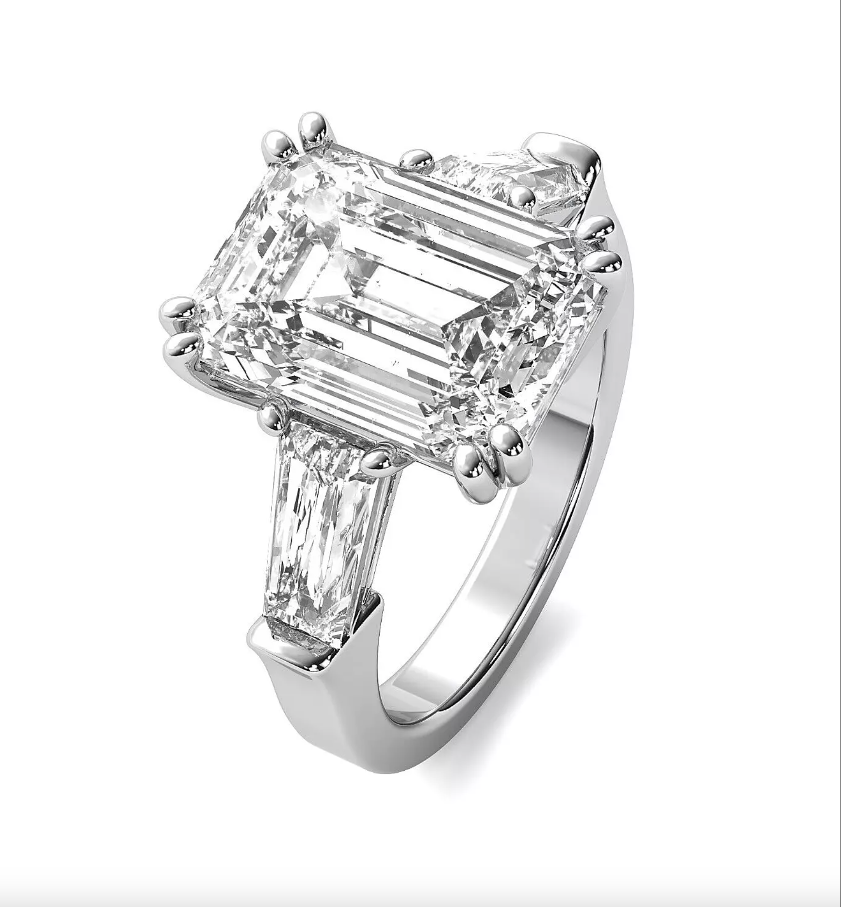 Designer Three Stone 5.65 G VS1 Lab Grown Emerald Cut Baguette Diamond Engagement Ring